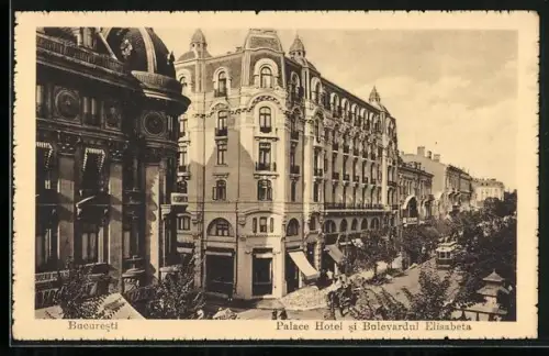 AK Bucuresti, Palace Hotel si Bulevardul Elisabeta, Strassenbahn