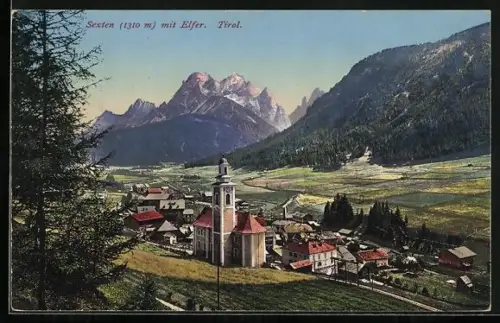 AK Sexten, an der Kirche mit Blick zum Elfer