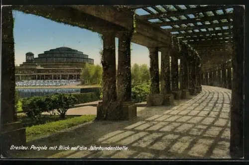 AK Breslau, Pergola mit Blick auf die Jahrhunderthalle