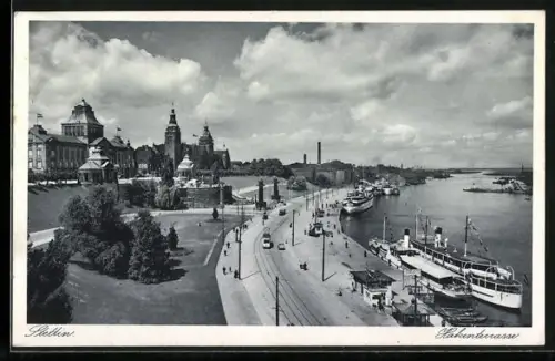AK Stettin, Dampferanleger mit Uferstrasse und historischen Gebäuden aus der Vogelschau