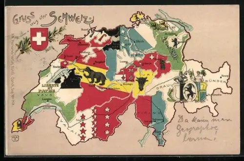 Lithographie Souvenir de la Suisse, Landkarte der Schweiz mit Kantonen