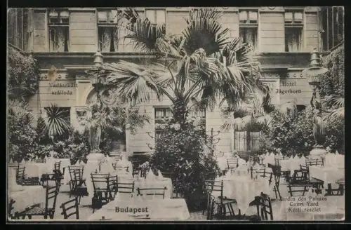 AK Budapest, Hotel Jägerhorn mit Gartenterrasse