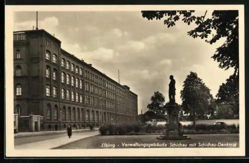 AK Elbing / Elblag, Verwaltungsgebäude Schichau mit Schichau - Denkmal