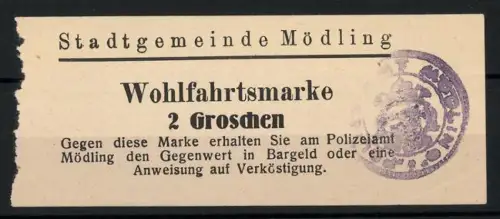 Lebensmittelmarke Mödling, 2 Groschen, am Polizeiamt erhält man den Gegenwert in Bar oder Verköstigung