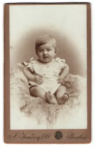 Fotografie A. Jandorf & Co., Berlin, Bellealliancestr. 1/2, Kind im weissen Kleid auf Fell