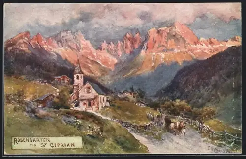 Künstler-AK Edward Theodore Compton: St. Ciprian, Kirche und Rosengarten