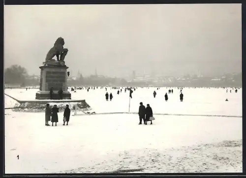 AK Zürich, Seegfrörni Januar-Februar 1963, Eisstoss, Menschen auf dem zugefrorenen See