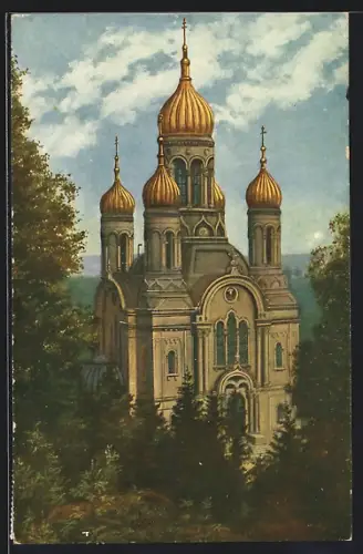 Künstler-AK Wiesbaden, Russische Kirche auf dem Neroberg