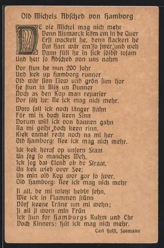 AK Hamburg-Neustadt, Old Michels Abschied von Hamborg, Gedicht, Brand St. Micheliskirche