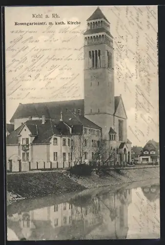 AK Kehl a. Rh., Rosengartenstrasse m. kath. Kirche, vom Wasser gesehen