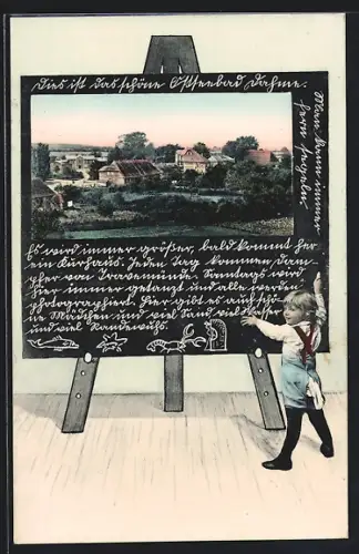 Schultafel-AK Dahme / Ostsee, Ortsansicht, Schulkind