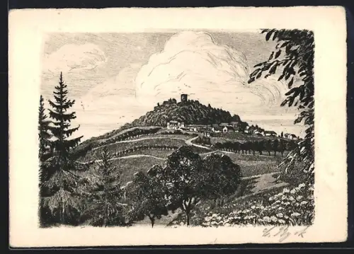 Künstler-AK Nürburg /Eifel, Ortsansicht, Gasthof zur Nürburg und Hotel zum Grafen von Hochstaden H. Pauly