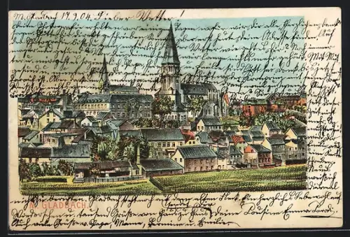 Lithographie M.-Gladbach, Stadtpanorama mit Kirchen