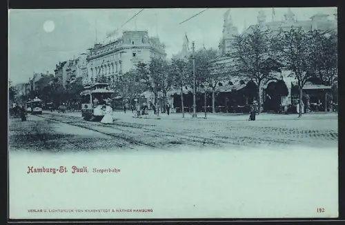 Mondschein-AK Hamburg-St. Pauli, Reeperbahn mit Strassenbahnen