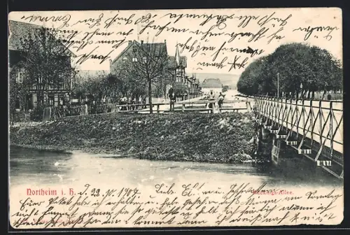 AK Northeim, Strassenpartie in der Rückings-Allee mit Brücke