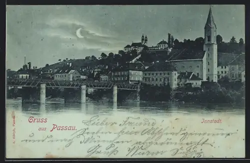 Mondschein-AK Passau, Innstadt, Panorama mit Brücke vom Wasser aus