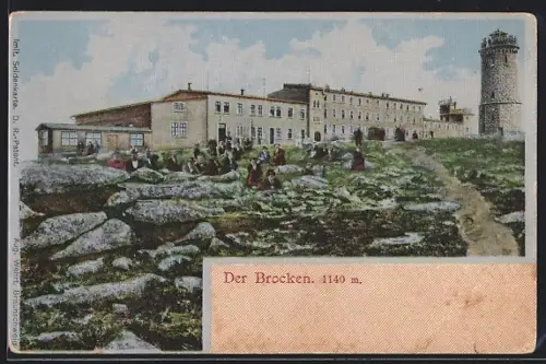 Seiden-Imitations-AK Brocken, Brockenhotel mit Aussichtsturm