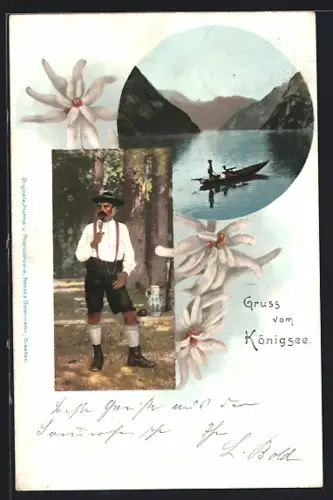 AK Königssee / Berchtesgaden, Ausblick auf den Königssee, Mann in Tracht, Edelweiss-Blüten