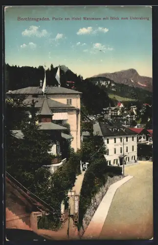 AK Berchtesgaden, Partie am Hotel Watzmann mit Blick zum Untersberg