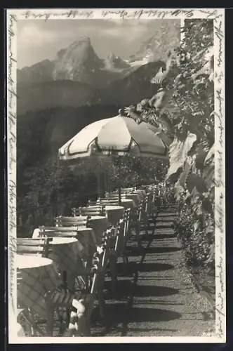 AK Berchtesgaden, Cafe Grossl, Terrasse mit Bergblick