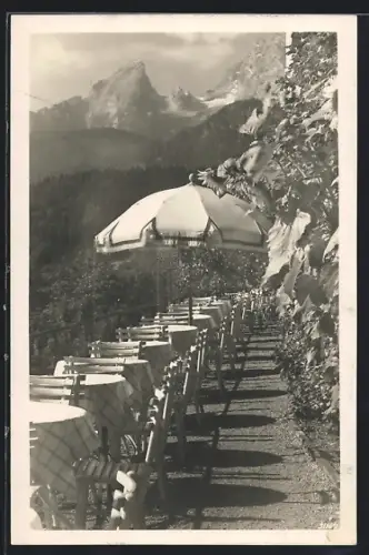 AK Berchtesgaden, Cafe Grossl, Terrasse mit Bergblick