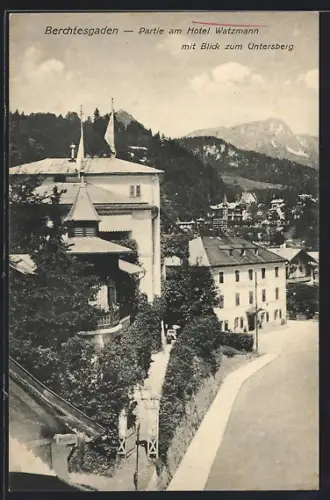 AK Berchtesgaden, Partie am Hotel Watzmann mit Blick zum Untersberg
