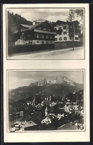 AK Berchtesgaden, Hotel Haus Gretl, Ortsansicht mit Watzmann