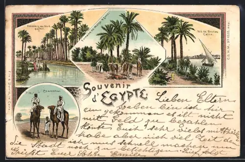 Lithographie Egypte, Nil, Fontaine de Moise a Suez, Chamelier