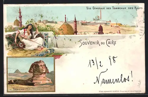 Lithographie Caire, Vue Generale des Tombeaux des Kalifs, Sphinx