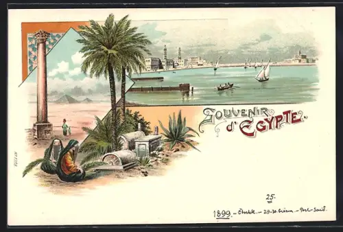 Lithographie Ägypten, Blick auf eine Hafenstadt, Ägypterinnen auf dem Friedhof