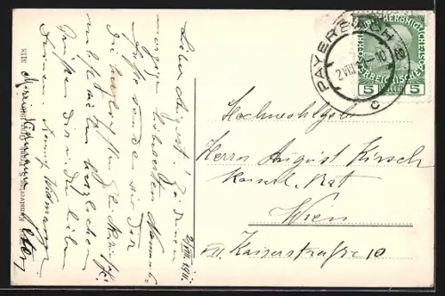 AK Payerbach a. d. Südbahn, Ortsansicht aus der Vogelschau mit Raxalpe