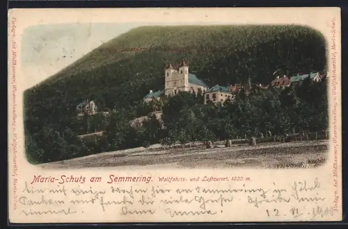 AK Maria-Schutz am Semmering, Blick auf die Wallfahrtskirche Maria-Schutz vom Feld aus