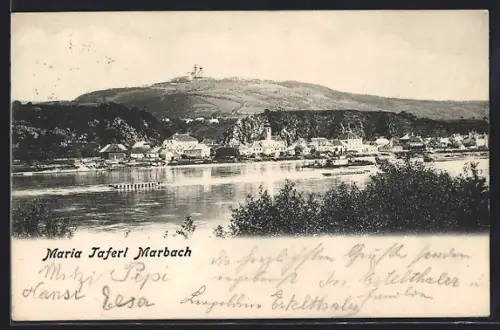 AK Marbach, Blick über die Donau auf die Wallfahrtskirche Maria Taferl