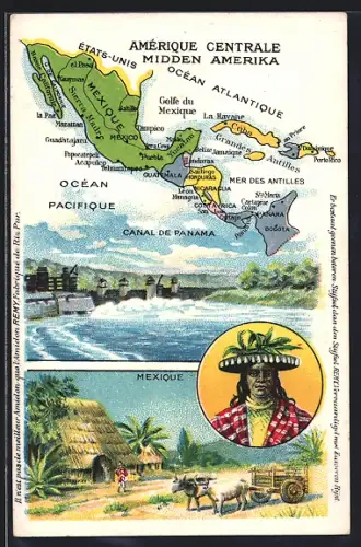 AK Mexico, Canal de Panama, Mexikaner, Haus und Ochsenwagen, Landkarte