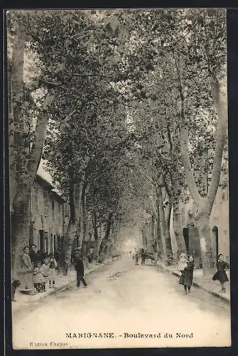 AK Marignane, Boulevard du Nord avec des passants sous les arbres majestueux