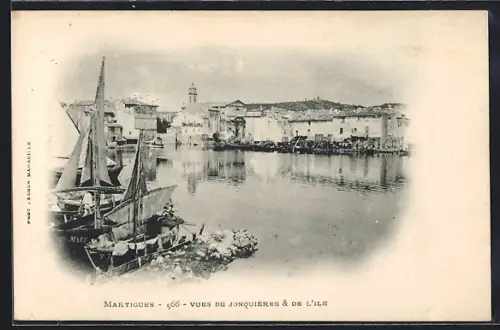 AK Martigues, Vues de Jonquières et de l`Île avec bateaux amarrés