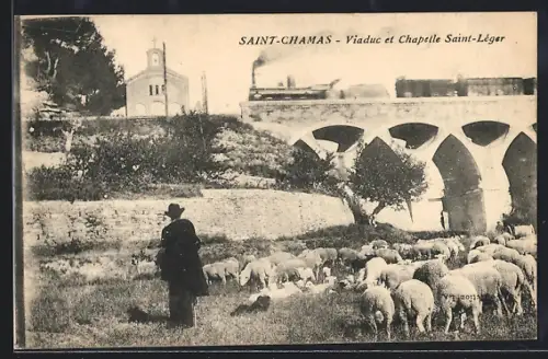 AK Saint-Chamas, Viaduc et Chapelle Saint-Léger avec troupeau de moutons au premier plan