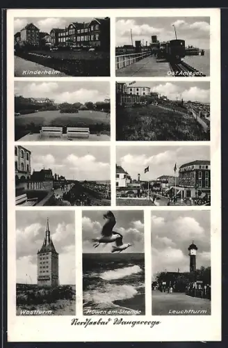 AK Wangerooge, Kinderheim, Ost-Anlage, Westturm, Leuchtturm, Promenade, Strandansicht