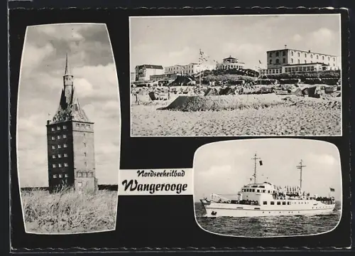 AK Wangerooge, Wasserturm, Strandpromenade, Ausflugsschiff