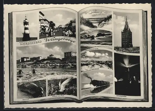 AK Wangerooge, Strandpromenade, Leuchtturm Roter Sand, Bahnhof, Seehunde und Möwen