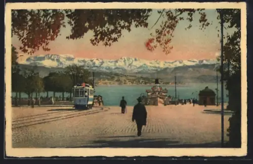 AK Zürich, Strassenbahn auf dem Bürkliplatz