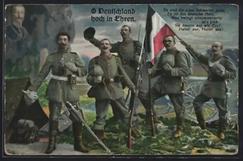 AK Soldaten der Infanterie mit Nationalfahne singen, Portrait Kaiser Wilhelm II.
