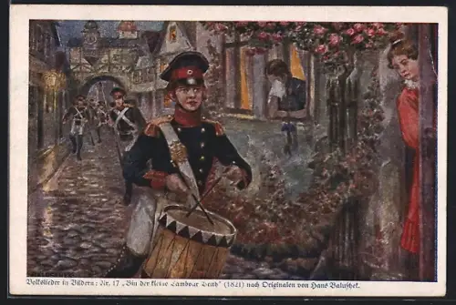 Künstler-AK Hans Baluschek: Volkslieder in Bildern, Bin der kleine Tambour Veith