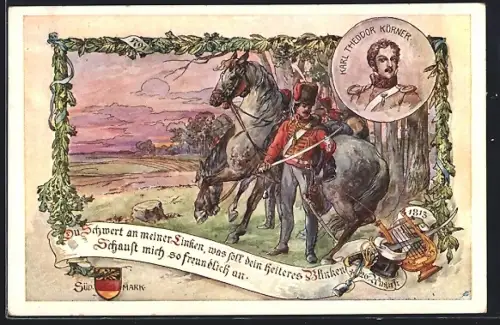 Künstler-AK Theodor Körner als Kavallerist in den Freiheitskriegen 1813