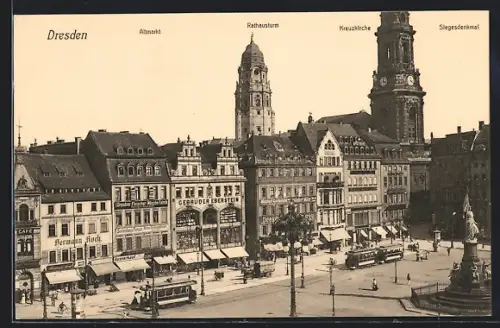 AK Dresden, Geschäftshäuser am Altmarkt mit Rathausturm und Kreuzkirche