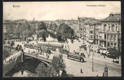 AK Berlin, Potsdamer Brücke mit Strassenbahn und Geschäften
