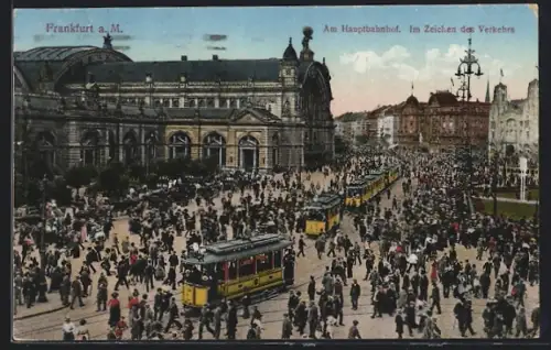 AK Frankfurt a. M., Strassenbahnen am Hauptbahnhof