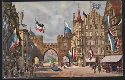AK München, Strassenpartie am Karlstor im Flaggenschmuck, mit Strassenbahn