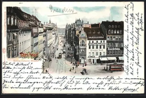 AK Dresden, König-Johann-Strasse am Altmarkt mit Puppenfabrik Flinzer und Strassenbahn