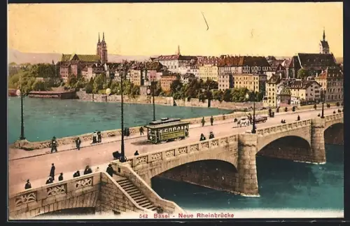 AK Basel, Neue Rheinbrücke mit Strassenbahn